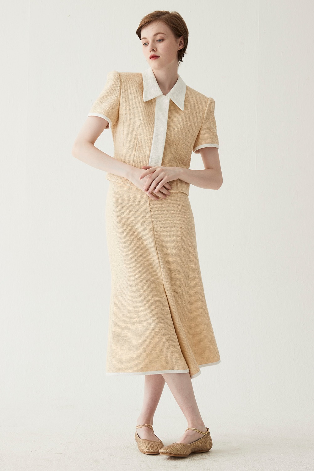 Summer Tweed Front Slit Skirt-Beige