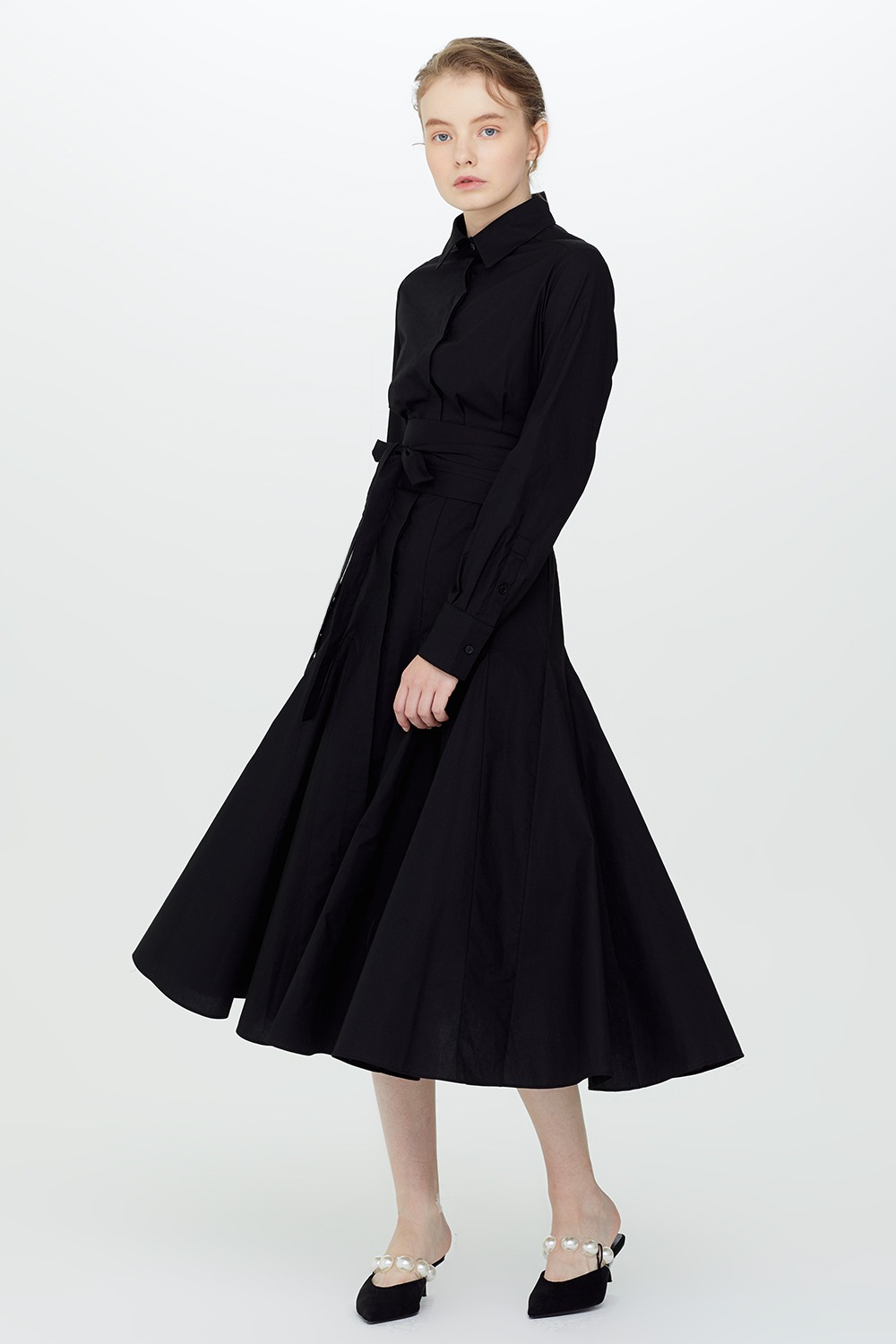 Lady’s Belted A-Line Dress-Black