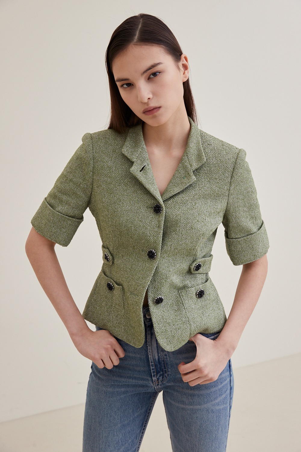 Half Sleeve Tweed Jacket - Green