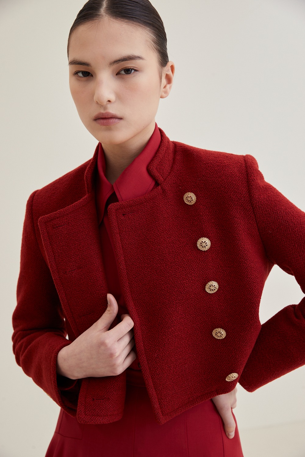 Wool Cropped Tweed Jacket - Red