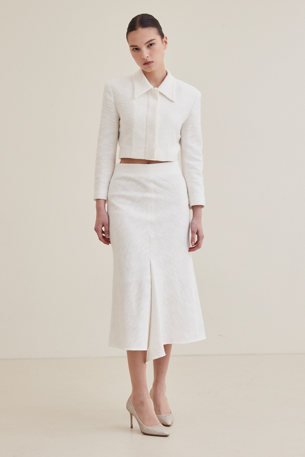 Tweed Front Slit Skirt-white