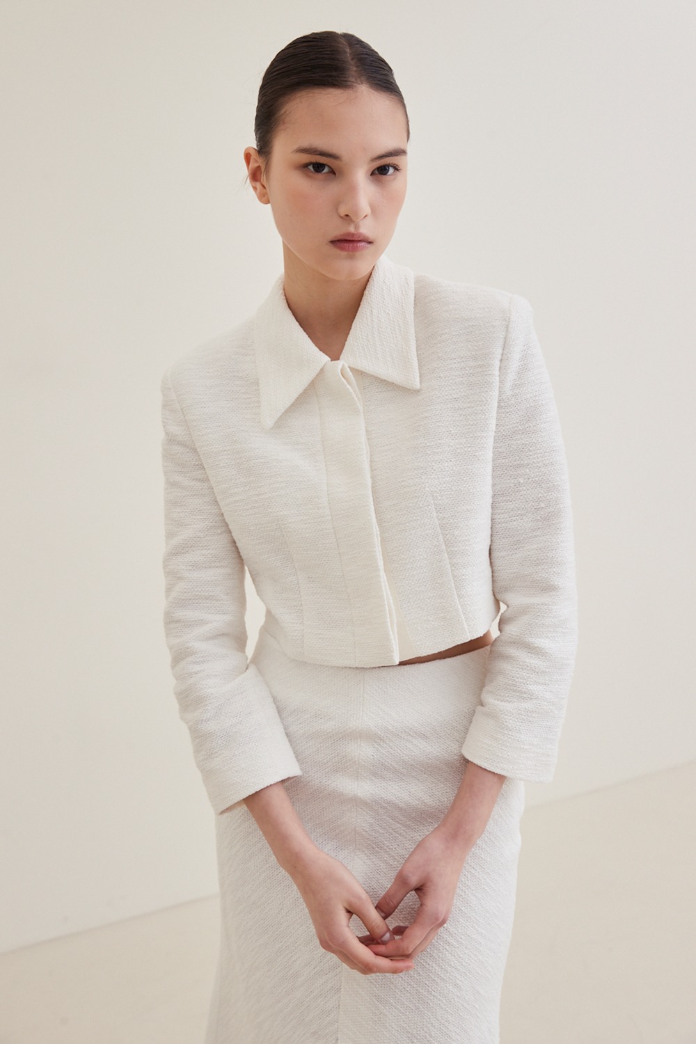 Tweed Cropped  Tailored Jacket- White